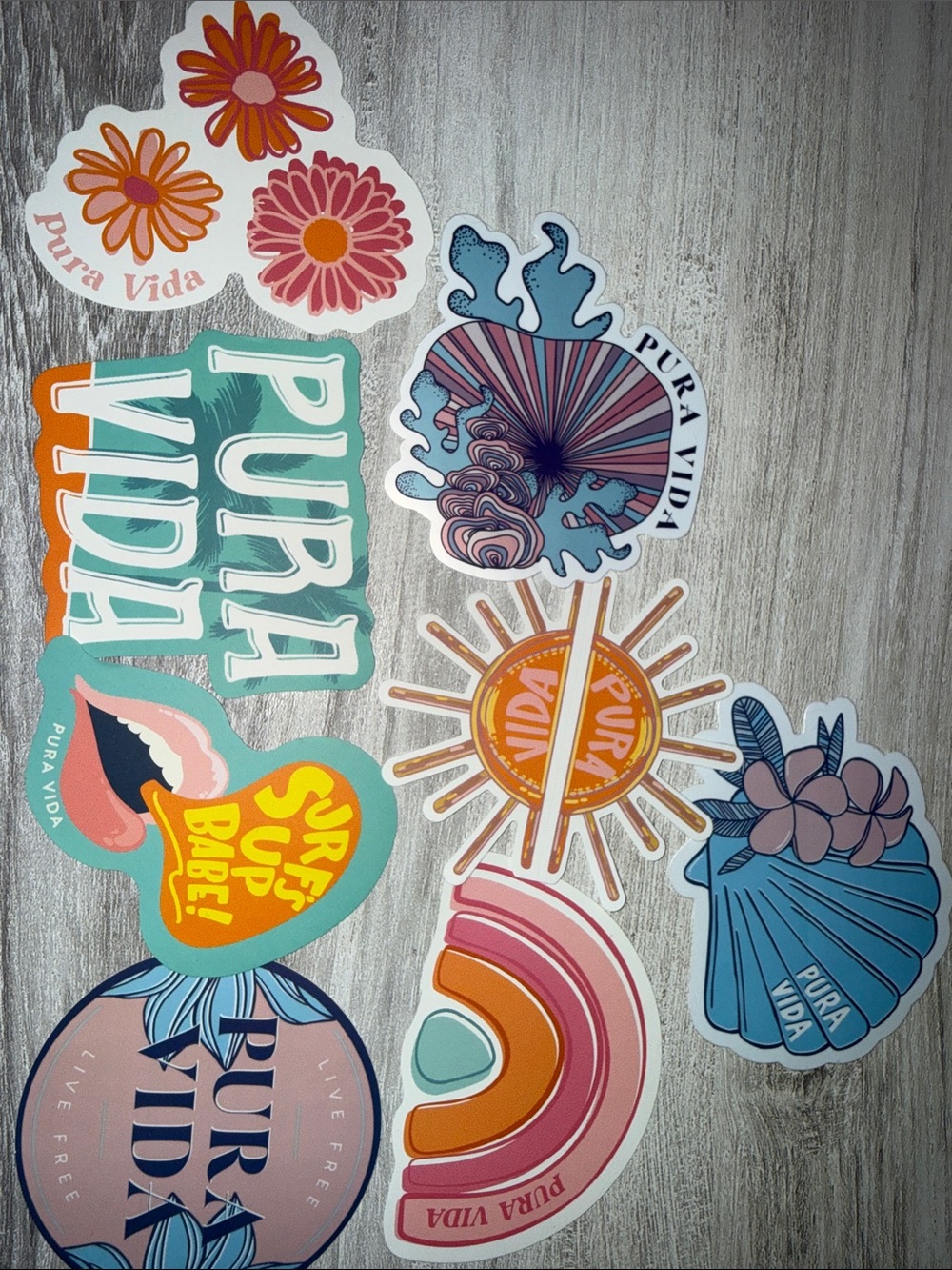 Pura Vida Bright Stickers in Teal, Pink, Orange, Yellow & Blue